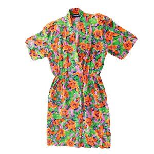 Vintage 80s Colorful floral Silk Midi Work dress